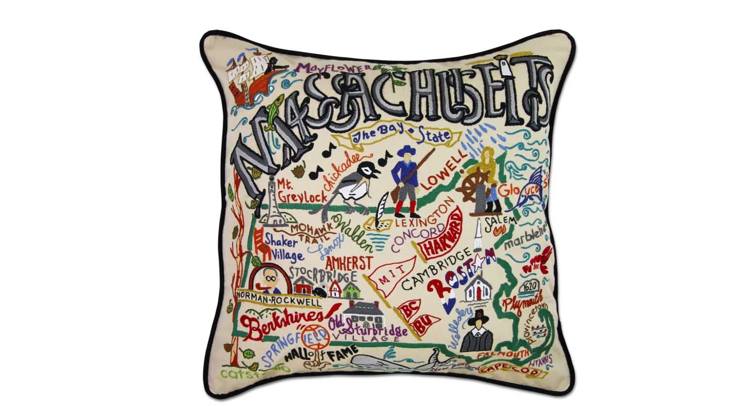 Massachusetts Hand-Embroidered Pillow 1 Massachusetts Hand-Embroidered Pillow